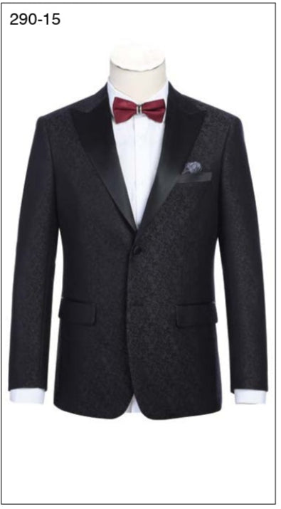 A black tuxedo jacket with a notched lapel, displayed on a mannequin. The jacket has a satin peak lapel and side-vented design.