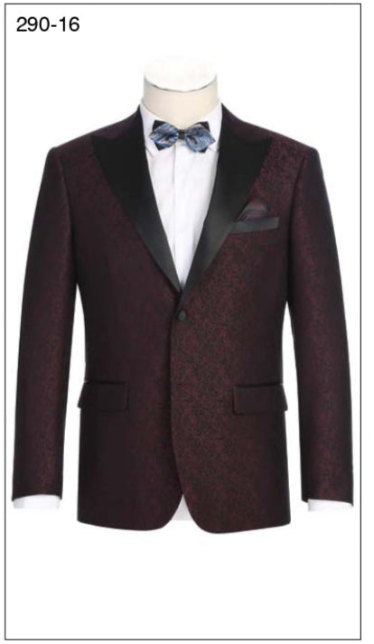 The image displays the Alessandro Vitello by Renoir New Slim Fit Tuxedo Jackets in black, dark red, and navy, featuring a satin peak lapel and side-vented design with two buttons. Fabric swatches and item details of the high-quality polyester blend are included below.