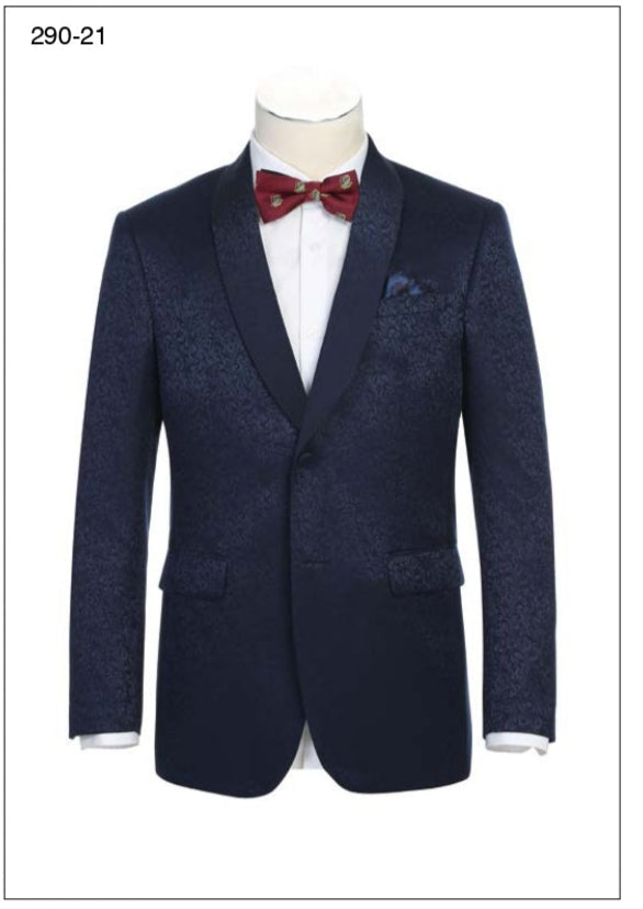 The Alessandro Vitello by Renoir New Slim Fit Tuxedo Jacket 290-21 in navy blue features satin peak lapels and side vents, paired with a crisp white shirt. A red bow tie and matching pocket square complete this elegant yet modern classic look.