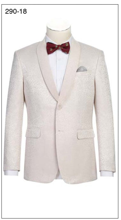 Renoir offers the Alessandro Vitello by Renoir New Slim Fit Tuxedo Jacket 290-18 in three colors: white, light blue, and green. Each jacket features a 2.5-inch self-fabric shawl lapel and side vents for comfort, complete with polyester fabric swatches and model numbers.