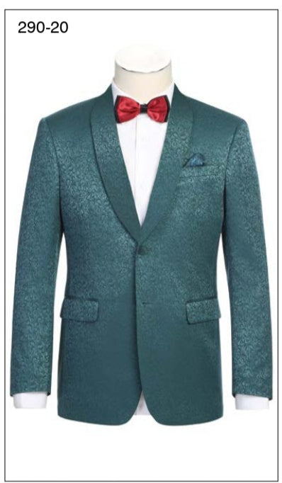 A green tuxedo jacket with a shawl collar and a red bow tie on a mannequin.