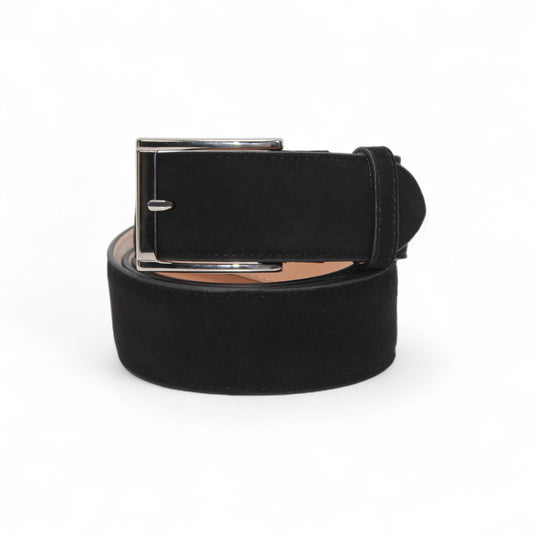 The Matiste Black Suede Belt 202 by Matiste is a luxury men's accessory, featuring soft black suede and a sleek silver rectangular buckle, shown rolled up against a plain white background.
