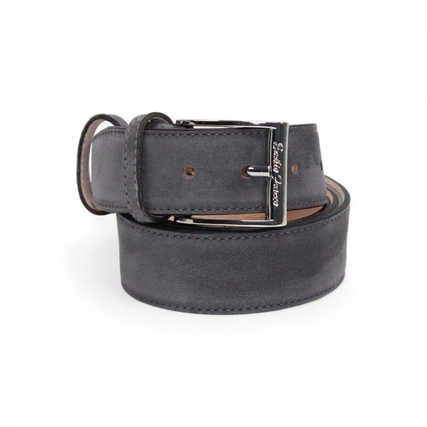 The Matiste Dark Gray Suede Belt 202 by Matiste is a handcrafted Italian suede belt with a silver rectangular buckle, shown rolled up on a white background.
