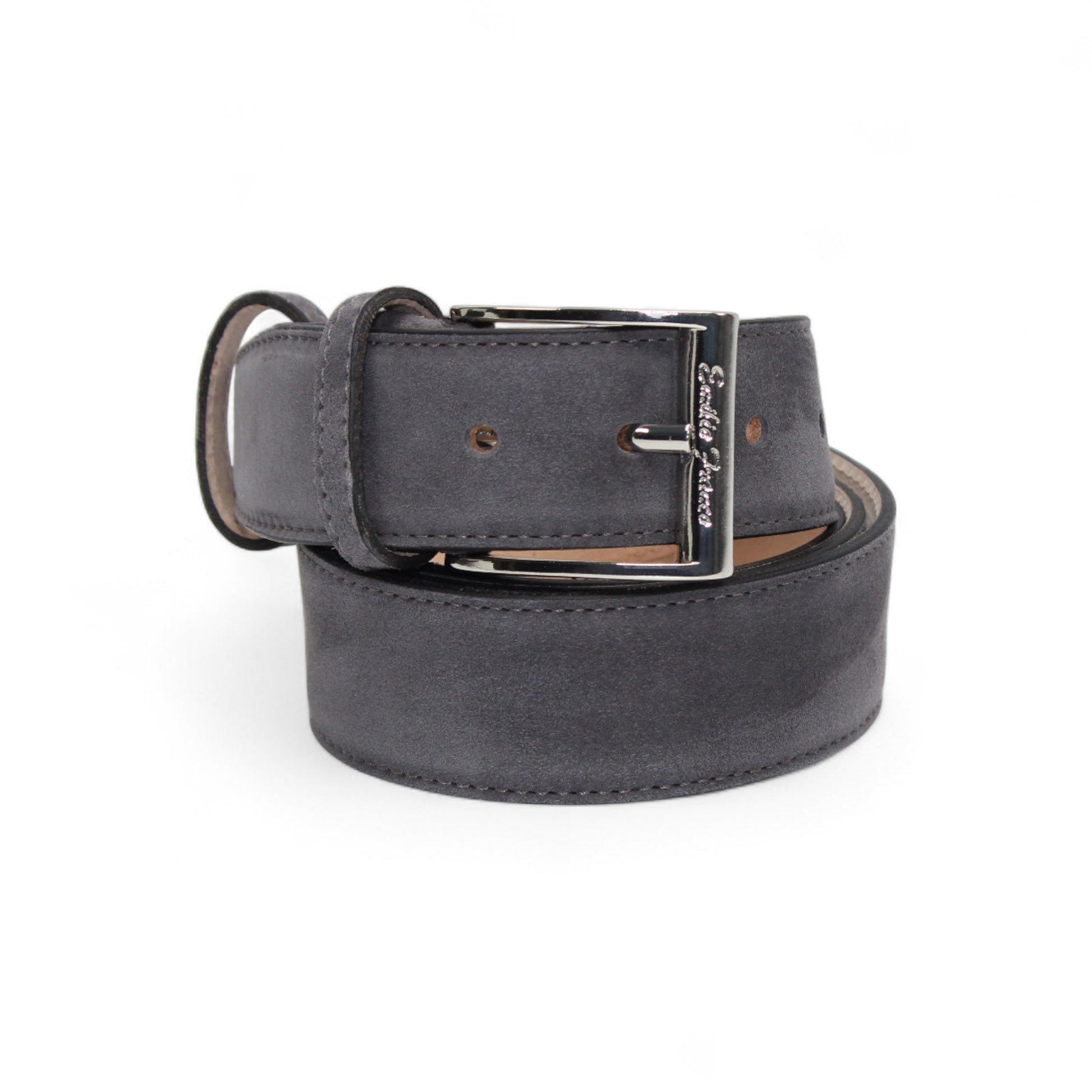 The Matiste Dark Gray Suede Belt 202 by Matiste is a handcrafted Italian suede belt with a silver rectangular buckle, shown rolled up on a white background.