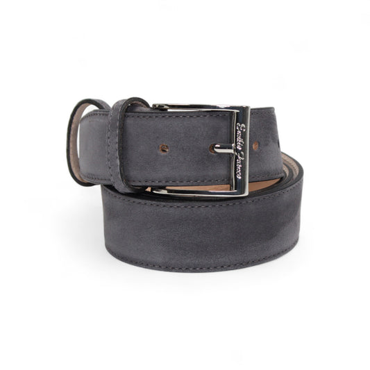The Matiste Dark Gray Suede Belt 202 by Matiste is a handcrafted Italian suede belt with a silver rectangular buckle, shown rolled up on a white background.