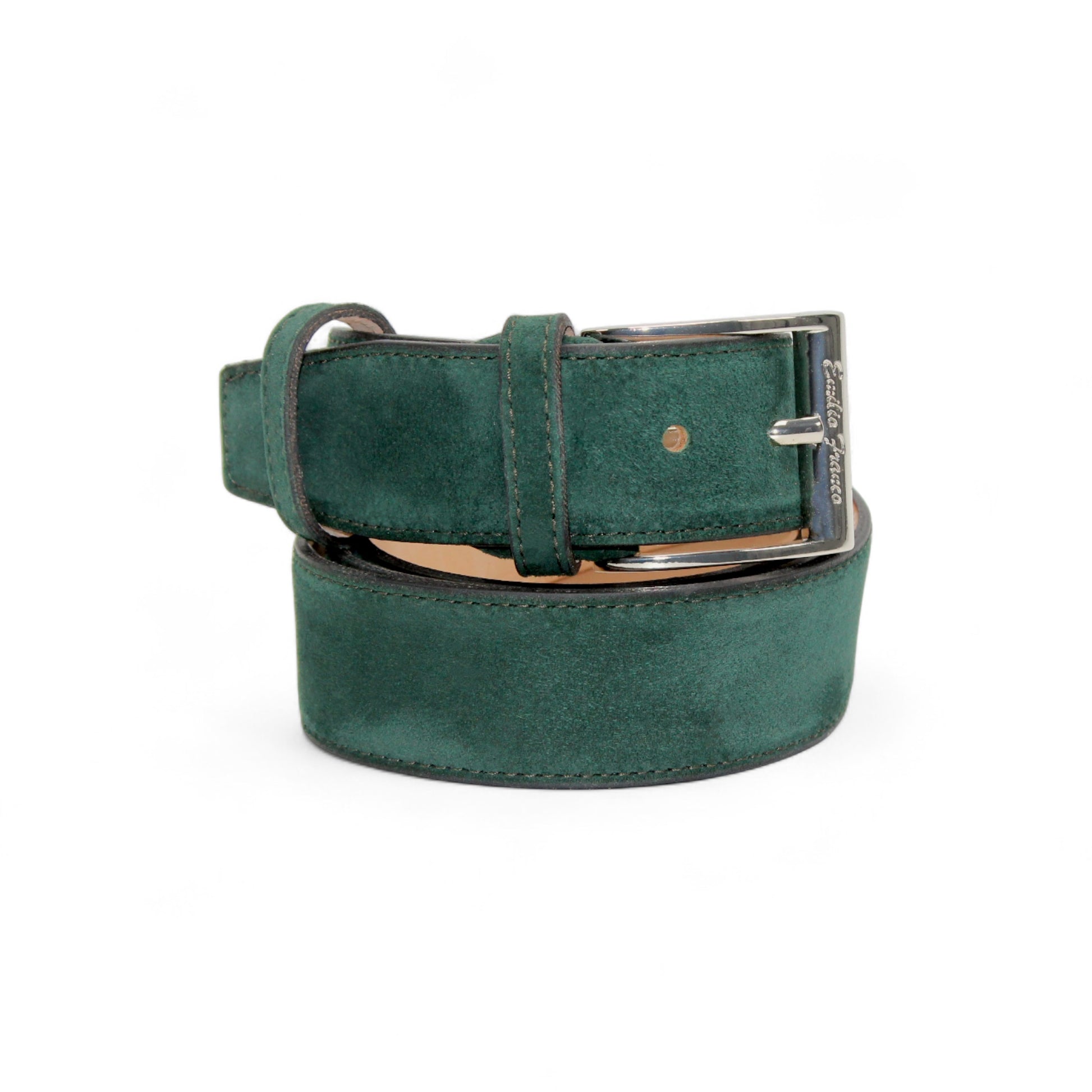 The Matiste Green Suede Belt 202 by Matiste is shown rolled up with a silver buckle on a plain white background, showcasing this luxury men's accessory.
