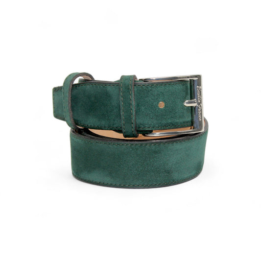 The Matiste Green Suede Belt 202 by Matiste is shown rolled up with a silver buckle on a plain white background, showcasing this luxury men's accessory.