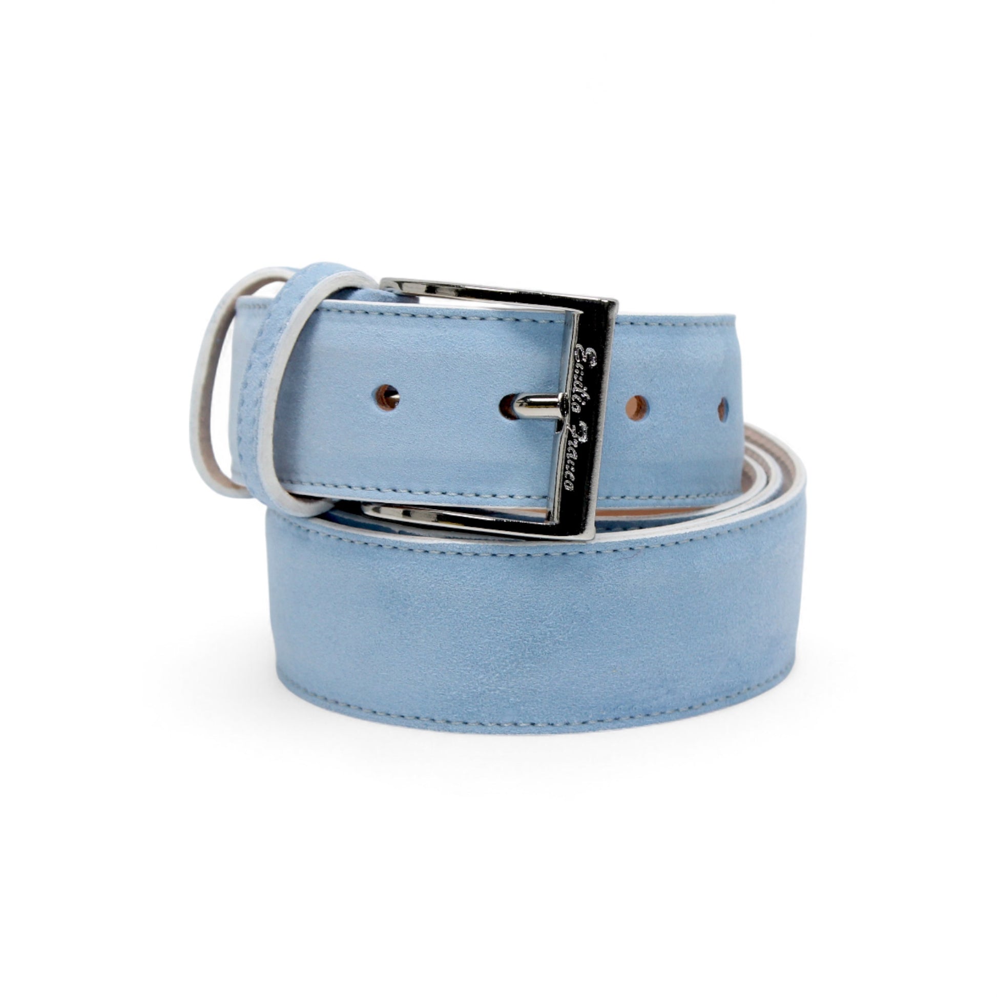 The Matiste Light Blue Suede Belt 202 by Matiste features Italian suede and a silver rectangular buckle, handcrafted in Italy—a luxurious men's accessory shown rolled up on a white background.