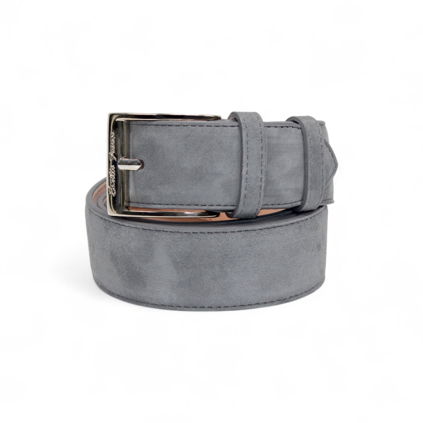 The Matiste Light Gray Suede Belt 202 by Matiste is a luxury men's Italian belt in grey suede with a silver buckle, shown coiled on a white background. Handcrafted in Italy for timeless elegance.
