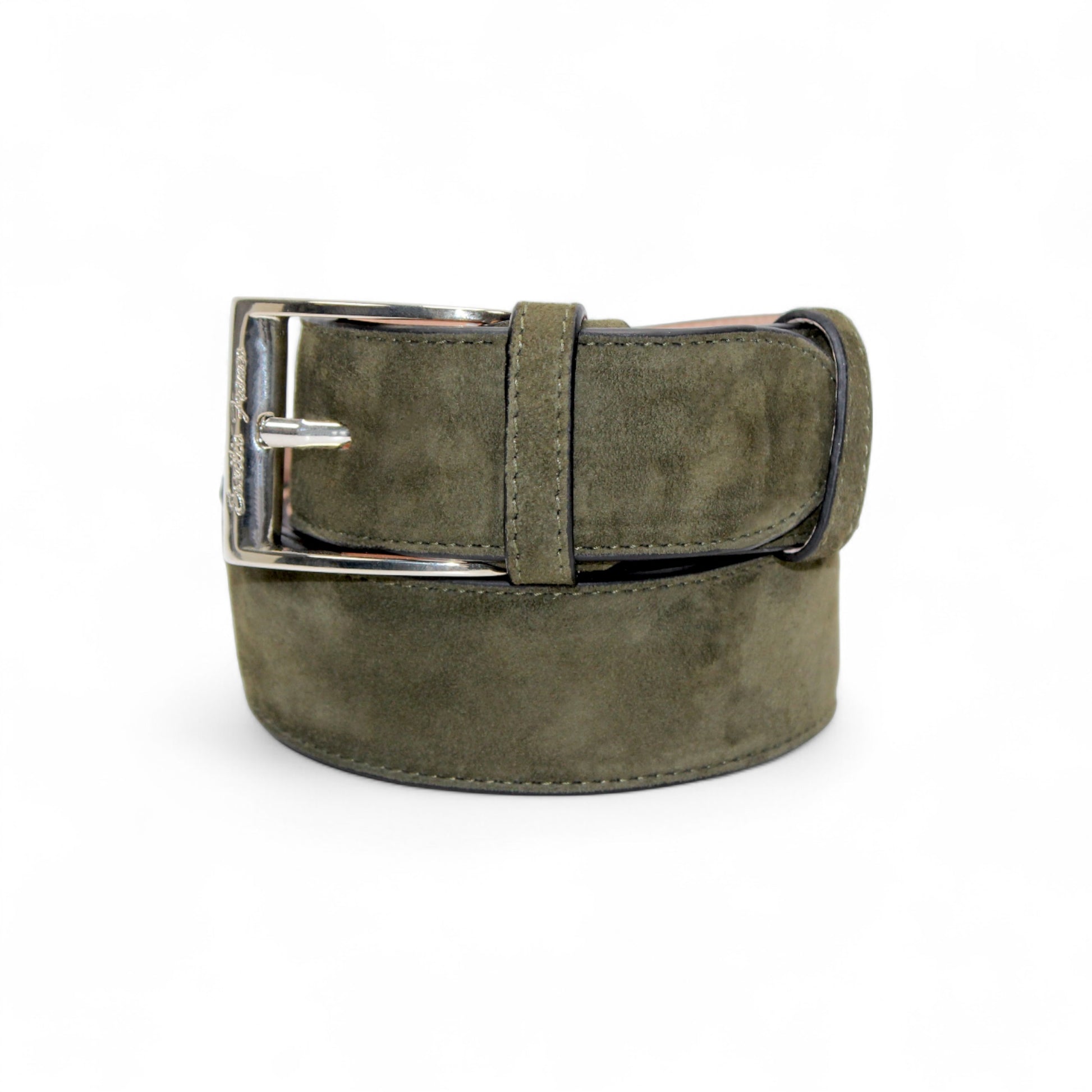 The Matiste Olive Suede Belt 202 by Matiste features luxurious olive green Italian suede and a silver buckle—an elegant men's accessory, shown coiled neatly on a white background.