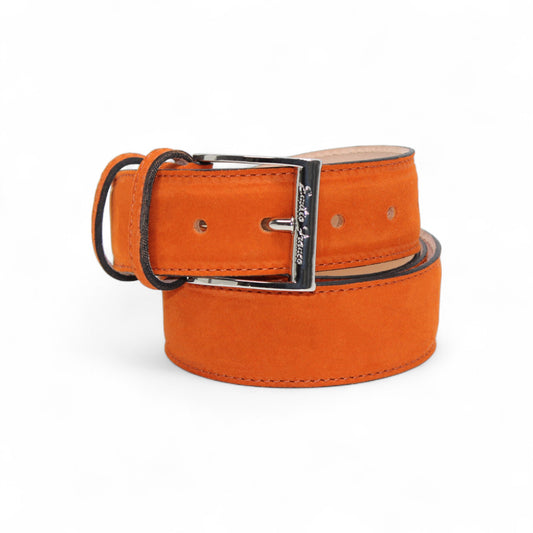 The Matiste Orange Suede Belt 202 by Matiste features Italian orange suede, visible stitching, two loops, and a silver buckle. This luxury belt is shown coiled on a white background.