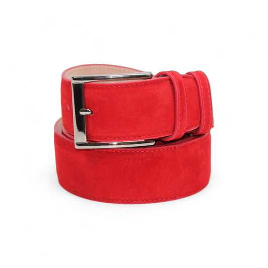 The Matiste Red Suede Belt 202 by Matiste is a handcrafted Italian red suede men's belt with a silver rectangular buckle, shown rolled up against a white background—an elegant addition to any luxury collection.