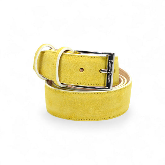 The Matiste Yellow Suede Belt 202 by Matiste is a handcrafted Italian belt in yellow suede with a silver rectangular buckle, shown against a white background.
