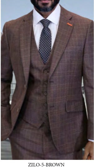 Eight men wear Statement Clothing’s ZILO-5-BROWN Modern Fit plaid three-piece Italian Super 200's wool suits with flat front pants. Each suit is shown in different colors and patterns, labeled by style code and color name against plain backgrounds.
