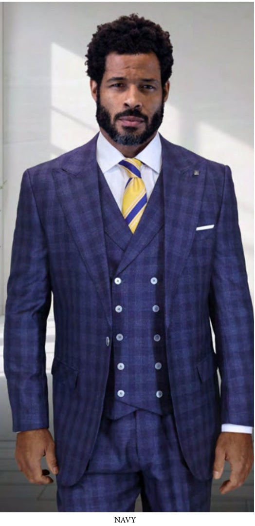 Three men stand side by side, each wearing the STATEMENT CLOTHING | BALANCIGA-NAVY suit by Statement Clothing in navy, grey, and black Super 200's fabric, featured in a stylish fashion catalog display.