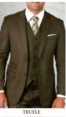 A man in a tan suit stands left; on the right are men’s suits by Statement Clothing, including the STATEMENT CLOTHING | STZV-100-TRUFFLE, shown in blush, caramel, and apple green Super 150's tailored styles arranged in a labeled grid.