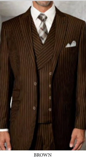 A man models a black pinstripe suit with a double-breasted vest; six more Statement Clothing ZARELLI suits—black-red, brown, grey, black, navy, bronze, and black-hunter—are displayed on the right.