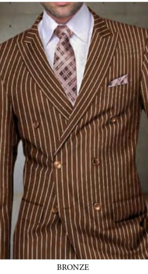 A man wears the STATEMENT CLOTHING | DB-ZARELLI-BRONZE pinstripe double-breasted suit with pleated pants. Additional panels display other Statement Clothing colors: black, navy, black hunter, black red, brown, and bronze.