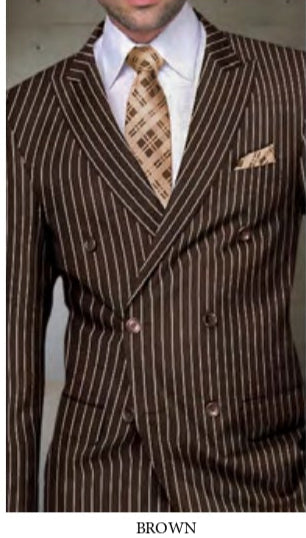 Man wearing Statement Clothing's DB-ZARELLI-BROWN double breasted pinstripe suit with regular fit pants, a white shirt, beige patterned tie, and matching pocket square.