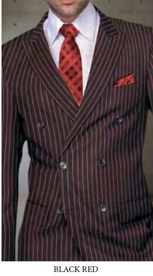 A man models a regular fit grey double breasted pinstripe suit; six more Statement Clothing pinstripe suits, including the DB-ZARELLI-BLACK RED, are shown in black, navy, black hunter, black red, brown, and bronze on the right.