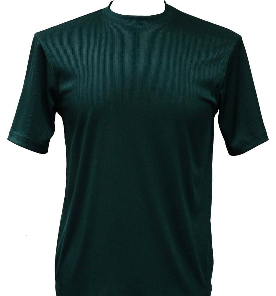 The Bassiri S/S Mock-Neck Emerald Green T-Shirt 218, made from a soft poly spandex blend, is displayed on a white background.