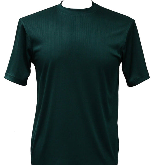 The Bassiri S/S Mock-Neck Emerald Green T-Shirt 218, made from a soft poly spandex blend, is displayed on a white background.