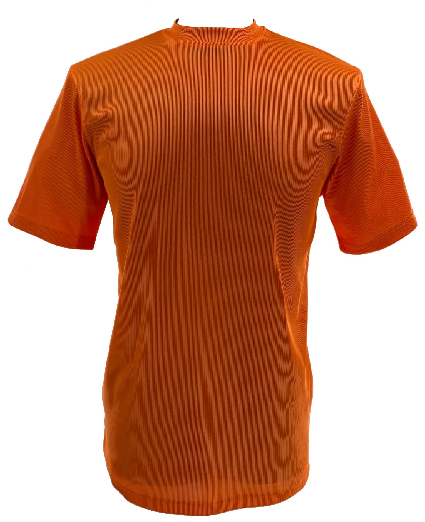 Bassiri S/S Mock-Neck Orange T-Shirt 218 by Bassiri, crafted from soft poly spandex. Features short sleeves and a mock-neck design, shown in plain orange on a white background, front view.
