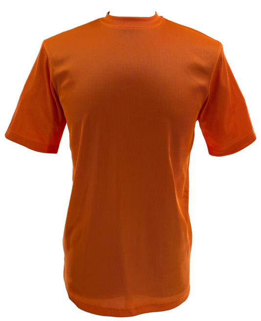 Bassiri S/S Mock-Neck Orange T-Shirt 218 by Bassiri, crafted from soft poly spandex. Features short sleeves and a mock-neck design, shown in plain orange on a white background, front view.
