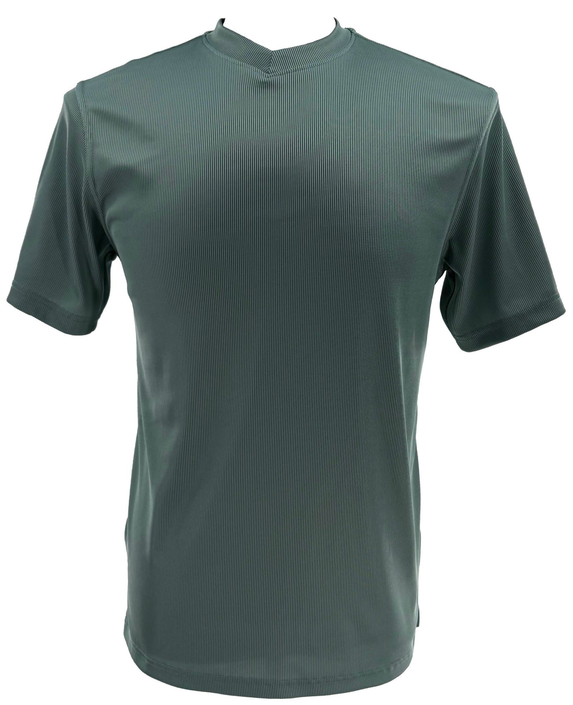 The Bassiri S/S V-Neck Blue Green T-Shirt 219 features soft, subtly ribbed microfiber with a touch of spandex for stretch, a short sleeve design, and a small notch at the v-neckline.