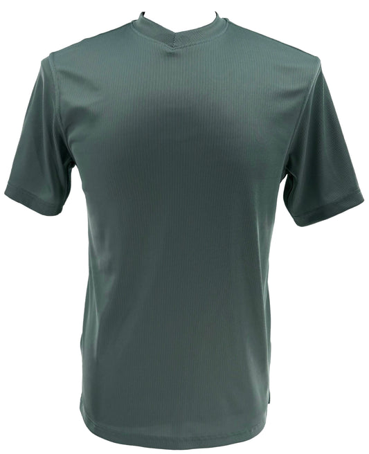 The Bassiri S/S V-Neck Blue Green T-Shirt 219 features soft, subtly ribbed microfiber with a touch of spandex for stretch, a short sleeve design, and a small notch at the v-neckline.