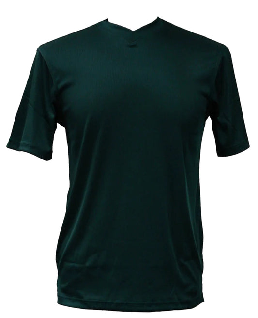 The Bassiri S/S V-Neck Emerald Green T-Shirt 219 features a subtle V-neck and short sleeves, crafted from soft microfiber and shown on a white background.