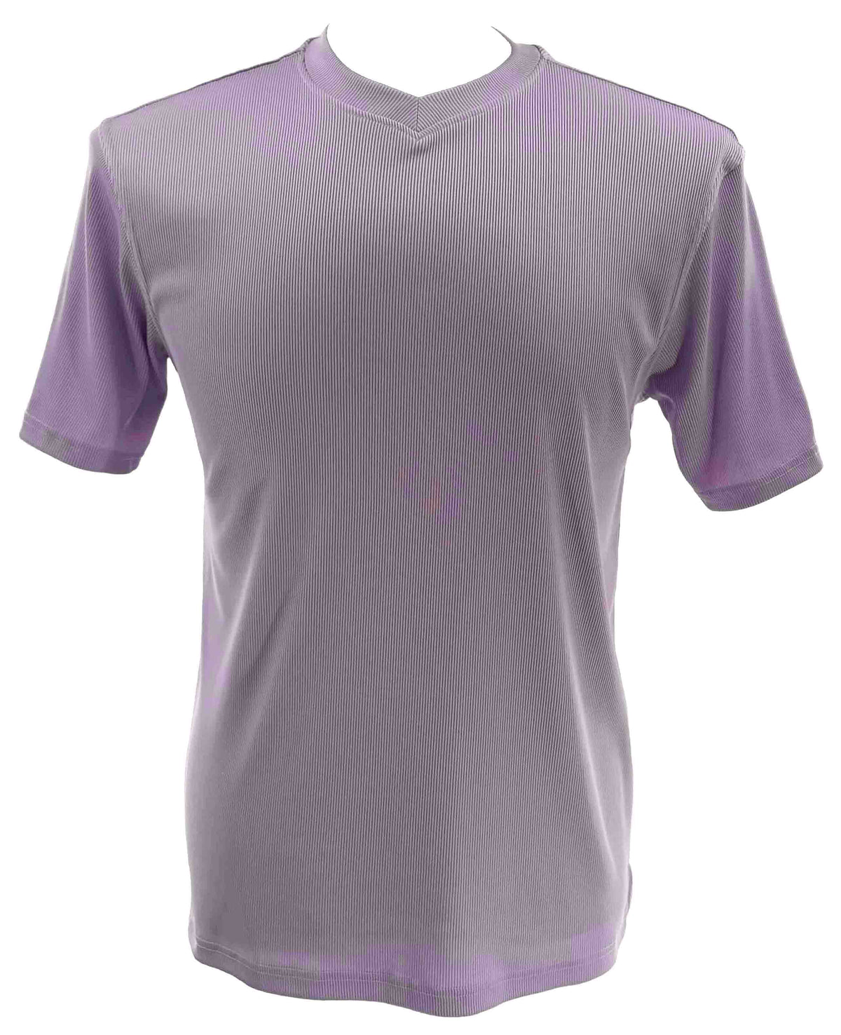 The Bassiri S/S V-Neck Lilac T-Shirt 219 by Bassiri is a short-sleeve, light purple top crafted from a soft microfiber blend with added spandex for stretch, shown against a white background.