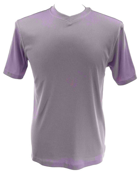 The Bassiri S/S V-Neck Lilac T-Shirt 219 by Bassiri is a short-sleeve, light purple top crafted from a soft microfiber blend with added spandex for stretch, shown against a white background.