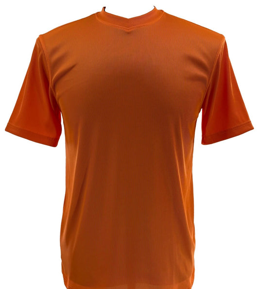 The Bassiri S/S V-Neck Orange T-Shirt 219 is a short-sleeve athletic tee made with a microfiber and spandex blend, featuring a ribbed texture. Displayed against a white background. Brand: Bassiri.