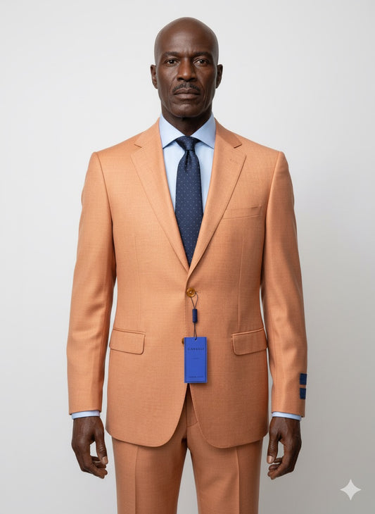 A Cavelli Uomo Porto SLIM FIT Suit Jacket in orange by CAVELLI, displayed on a hanger over a gray wood floor with tags attached. FINAL SALE: No return or exchange.