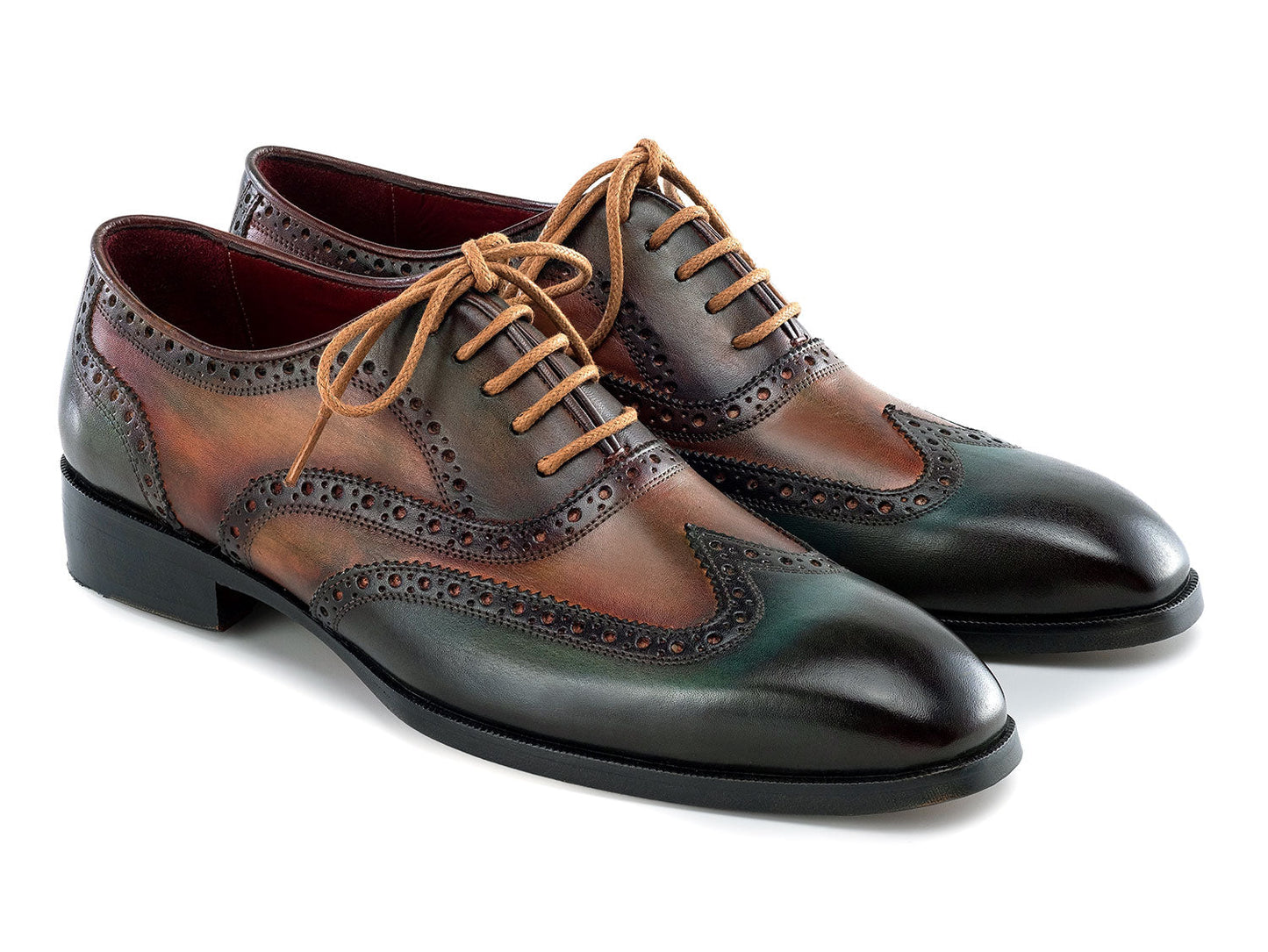 The Paul Parkman Wingtip Oxfords Green Handpainted Calfskin - 228-GRN feature brown and green hand-painted leather with brogue detailing and tan laces, shown on a white background.