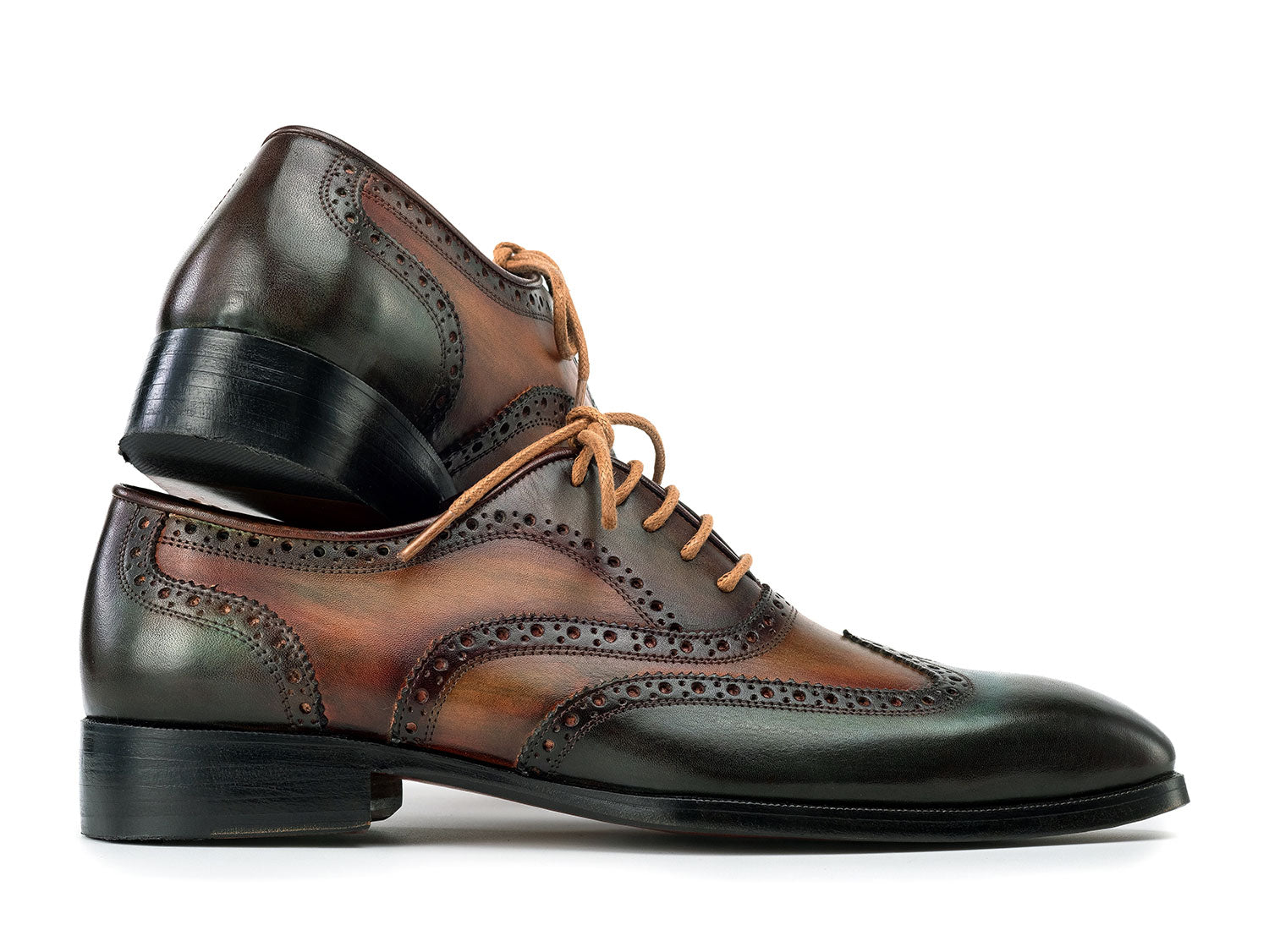The Paul Parkman Wingtip Oxfords Green Handpainted Calfskin - 228-GRN feature brown and green hand-painted leather with brogue detailing and tan laces, shown on a white background.