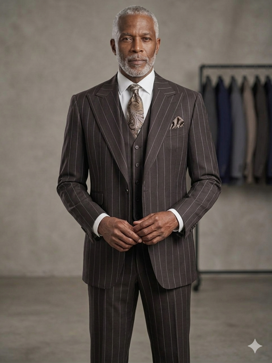 A man with gray hair and beard wears a Tiglio Rosso Bardolino Dark Brown Pinstripe Semi Wide Leg suit, standing indoors near a clothing rack.