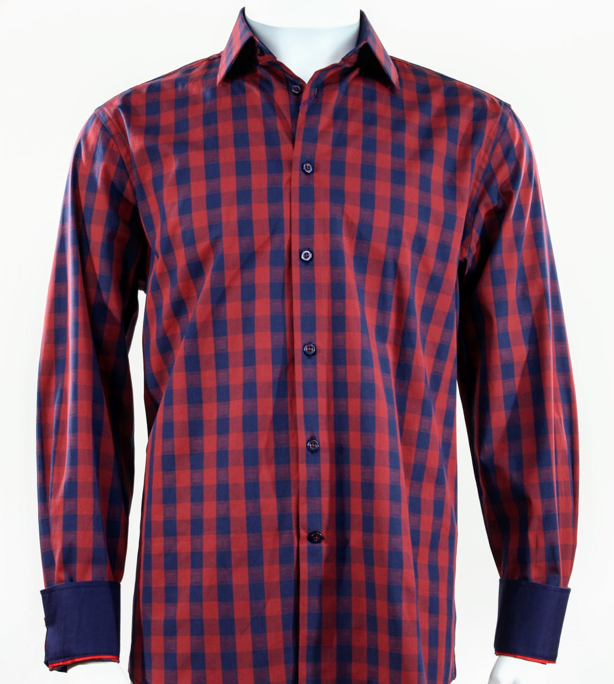 A mannequin showcases the Cado Long Sleeve Shirt 236 by Cado, a modern fit, long-sleeve button-up shirt made from cotton with a red and navy checkered pattern and contrasting navy cuffs.