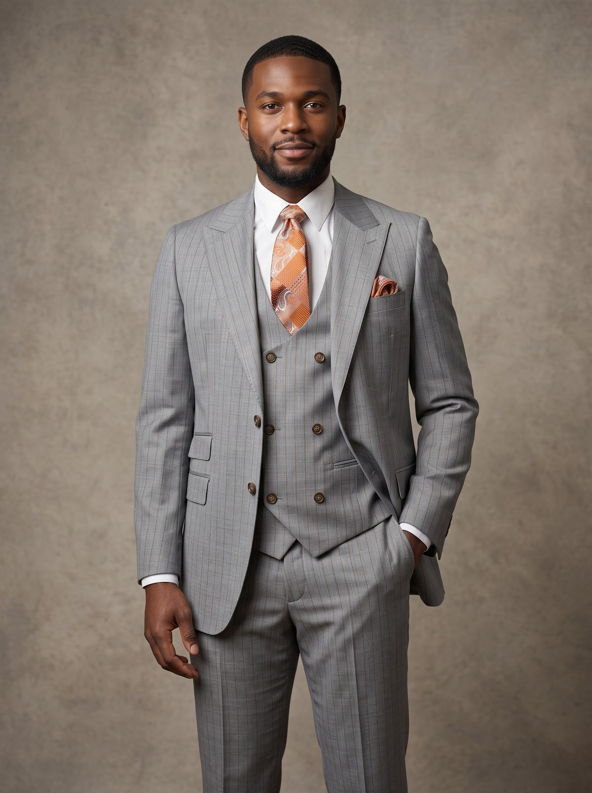 A man wears a Tiglio Luxe Prosecco, Modern Fit Pure Wool Grey/Rust Stripe Suit & Vest TL9111, featuring a grey striped three-piece wool suit, white shirt, rust-colored patterned tie, and pocket square.