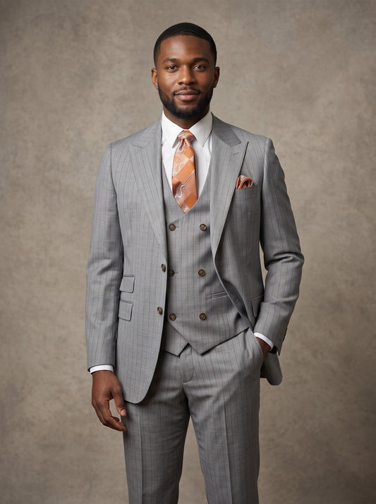 A man wears a Tiglio Luxe Prosecco, Modern Fit Pure Wool Grey/Rust Stripe Suit & Vest TL9111, featuring a grey striped three-piece wool suit, white shirt, rust-colored patterned tie, and pocket square.