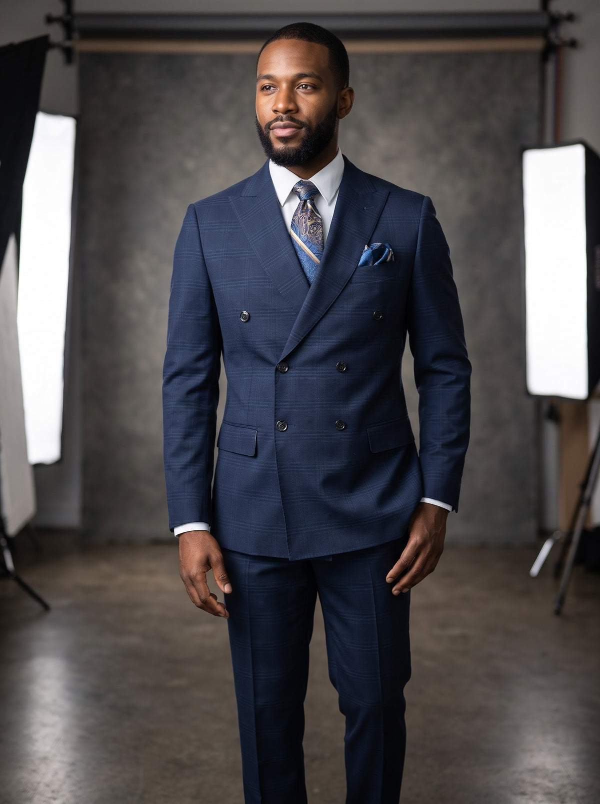 A man wearing a Tiglio Luxe PISTOIA Modern Fit Blue Plaid Double Breasted Suit WS8504 made of blue plaid Super 150′s wool, styled with a white dress shirt, patterned necktie, and matching pocket square.