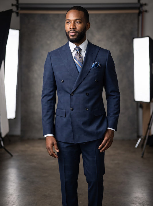 A man wearing a Tiglio Luxe PISTOIA Modern Fit Blue Plaid Double Breasted Suit WS8504 made of blue plaid Super 150′s wool, styled with a white dress shirt, patterned necktie, and matching pocket square.