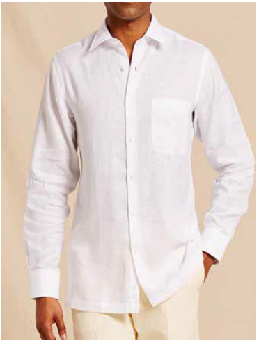 A person is wearing the Inserch 100% Premium European Flax Linen Long-Sleeve Shirt 24116-00002 White, featuring a collar and chest pocket, untucked and paired with light-colored pants.