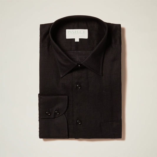 The Inserch 100% Premium European Flax Linen Long-Sleeve Shirt 24116-00001 Black, by Inserch, is neatly folded with a pointed collar and shown against a plain light background.