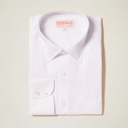 A person wearing an Inserch LS Regular Fit Shirt in white (24116-00002), featuring subtle floral print trim, stands against a beige background.
