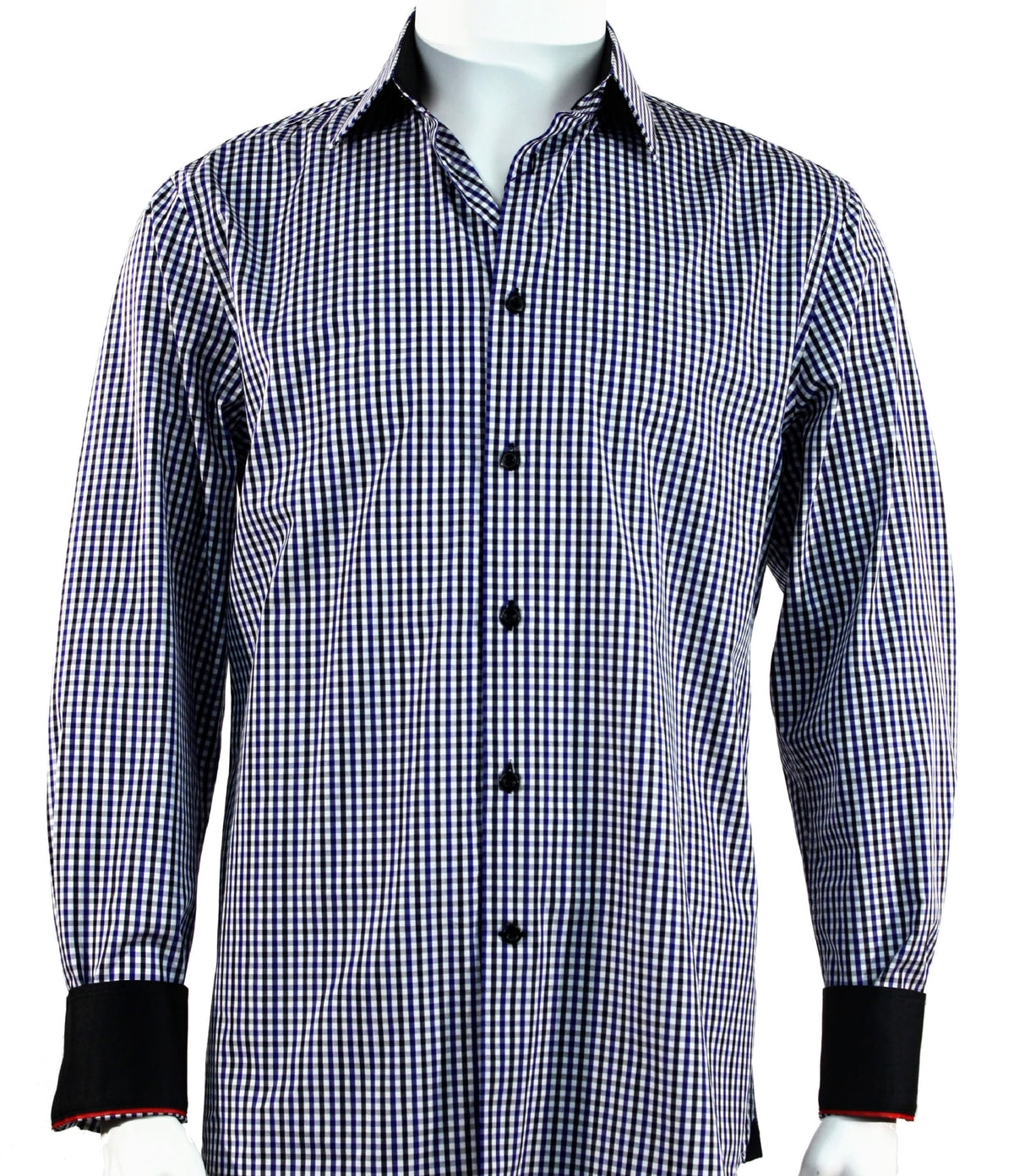 The Cado Long Sleeve Shirt 245 by Cado features a black and white checkered pattern, black cuffs, and a black inner collar. Displayed on a headless mannequin, this button-up cotton shirt is designed in a modern fit for a sleek, contemporary look.