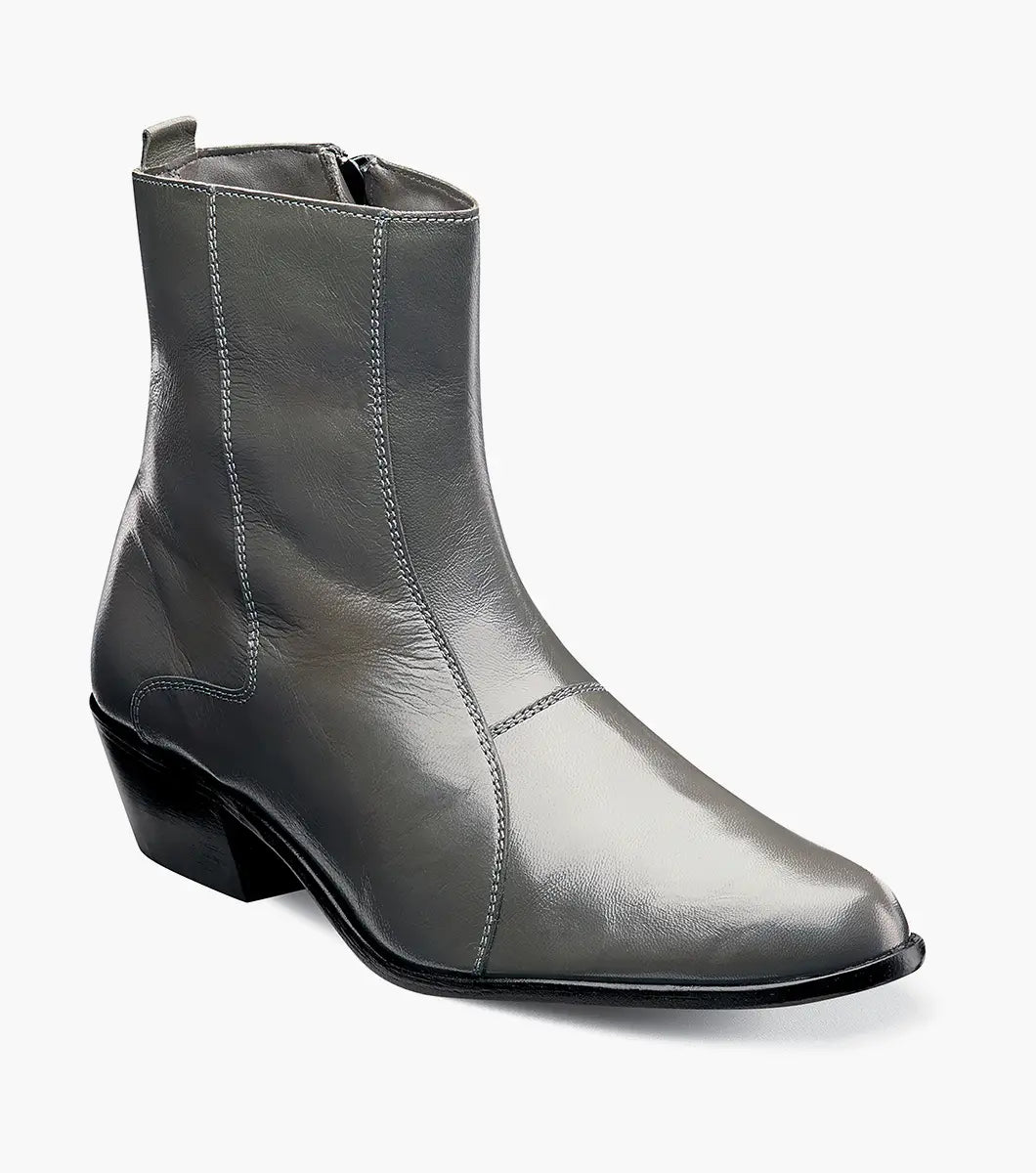 The Stacy Adams Santos Side Zip Boot (24855-020) in gray leather features a square toe, side zipper, visible stitching, low Cuban heel, and subtle crocodile print. Photographed on a white background. Brand: STACY ADAMS.