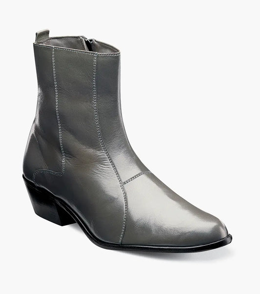 The Stacy Adams Santos Side Zip Boot (24855-020) in gray leather features a square toe, side zipper, visible stitching, low Cuban heel, and subtle crocodile print. Photographed on a white background. Brand: STACY ADAMS.