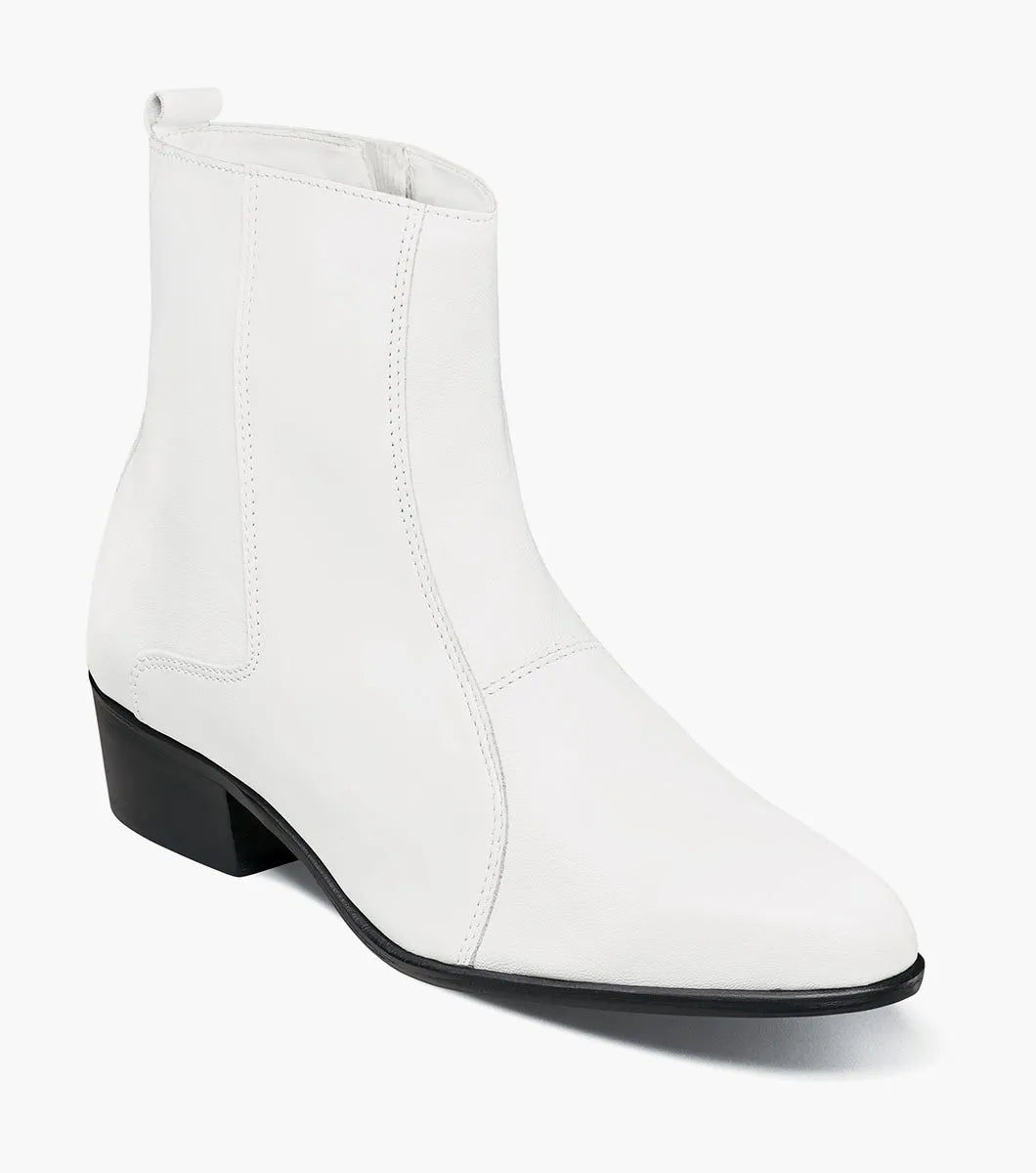 The STACY ADAMS Santos Side Zip Boot (style 24855-100) is shown here in white, crafted from supple kidskin leather with a pointed toe, low black heel, side stitching accents, and a convenient side zip closure, all set against a plain white background.